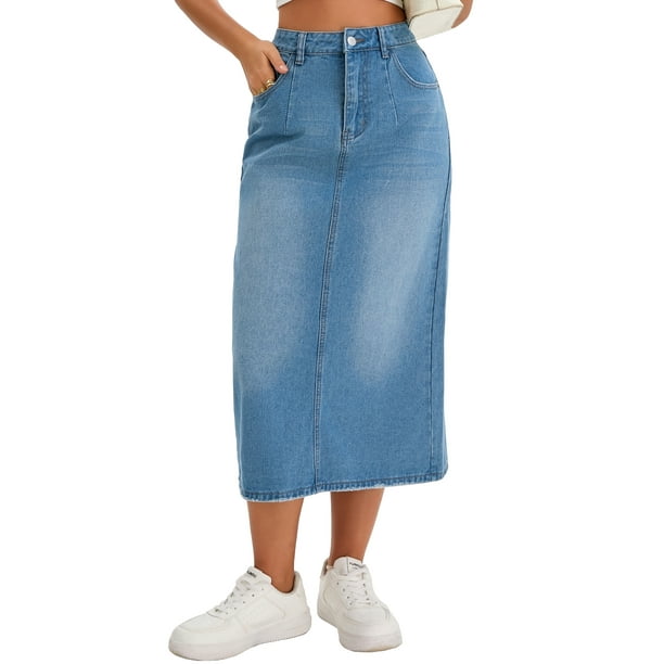 Falda de mezclilla midi ajustada de mujer INSPIRE CHIC, con cintura alta, abertura trasera, bolsillos, estilo casual, talla M, azul claro