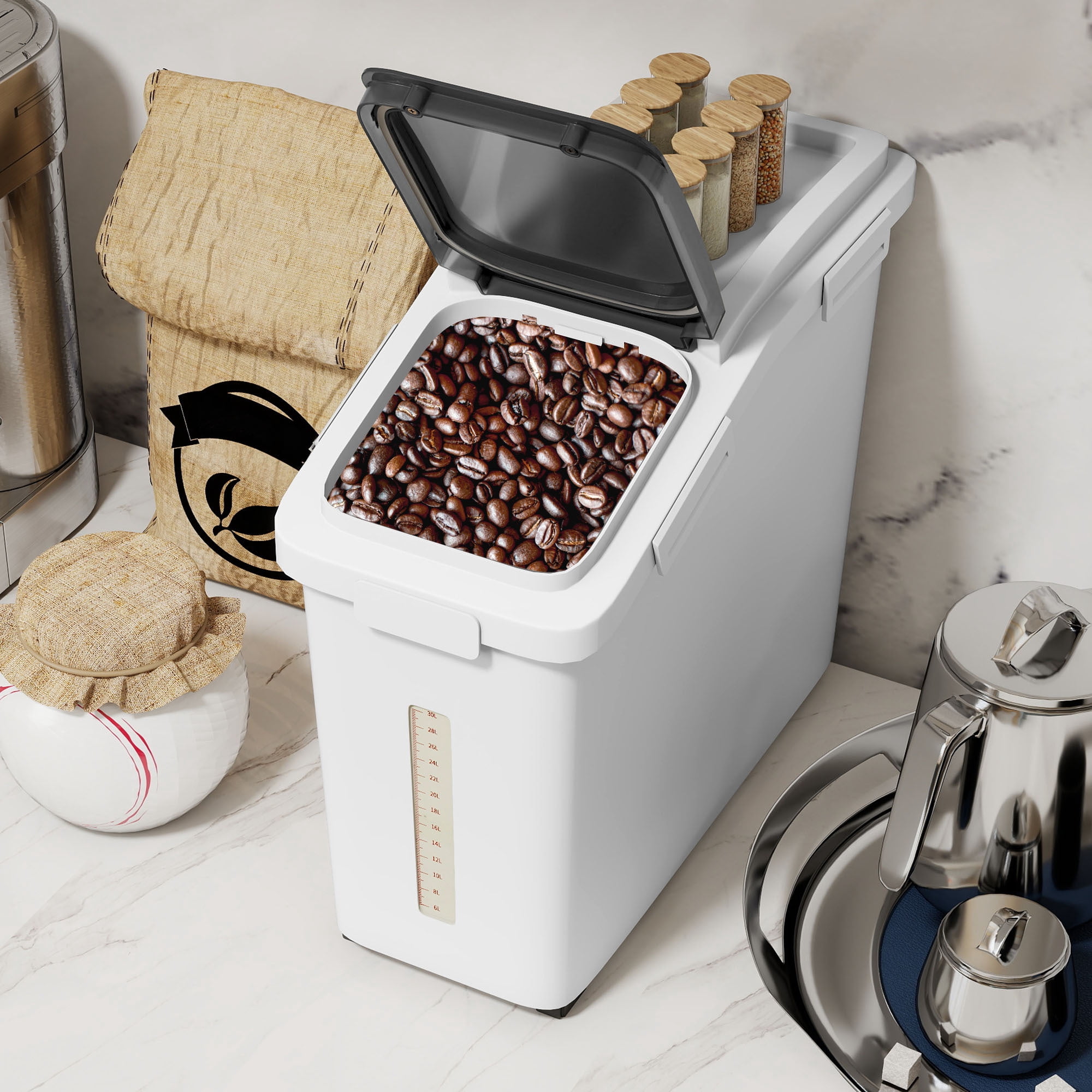 Uforic 11.4 Gal Large Ingredient Storage Bin, 90lb/50L Bulk Rice Flour Storage Container, 280 Cups Capacity Bin with Wheels, Lid, Scoop and Built-in Scale, Kitchen Dry Food Storage Bin, White