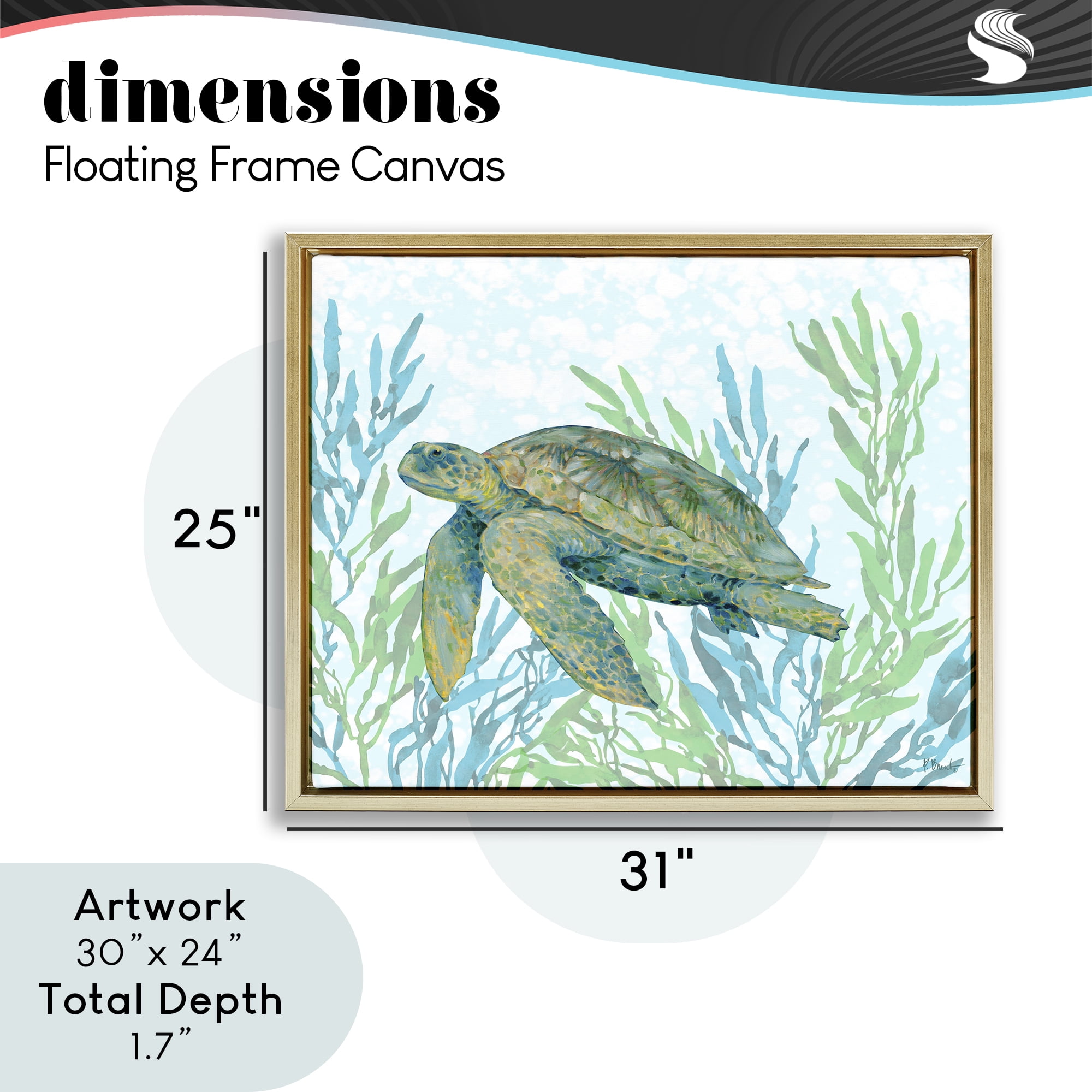 Stupell Industries Tasman Turtle in Seagrass Gold Framed Floater Canvas Wall Art, design by Paul Brent