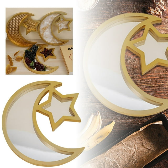 Wooden Decoration Tray Eid Serving Tray Moon Star Tray Plate Eid Serving Tray Dessert Fruit Tray Tableware Dessert Platters Storage Container Displ Christmas Three Decorations Ornament Set Large