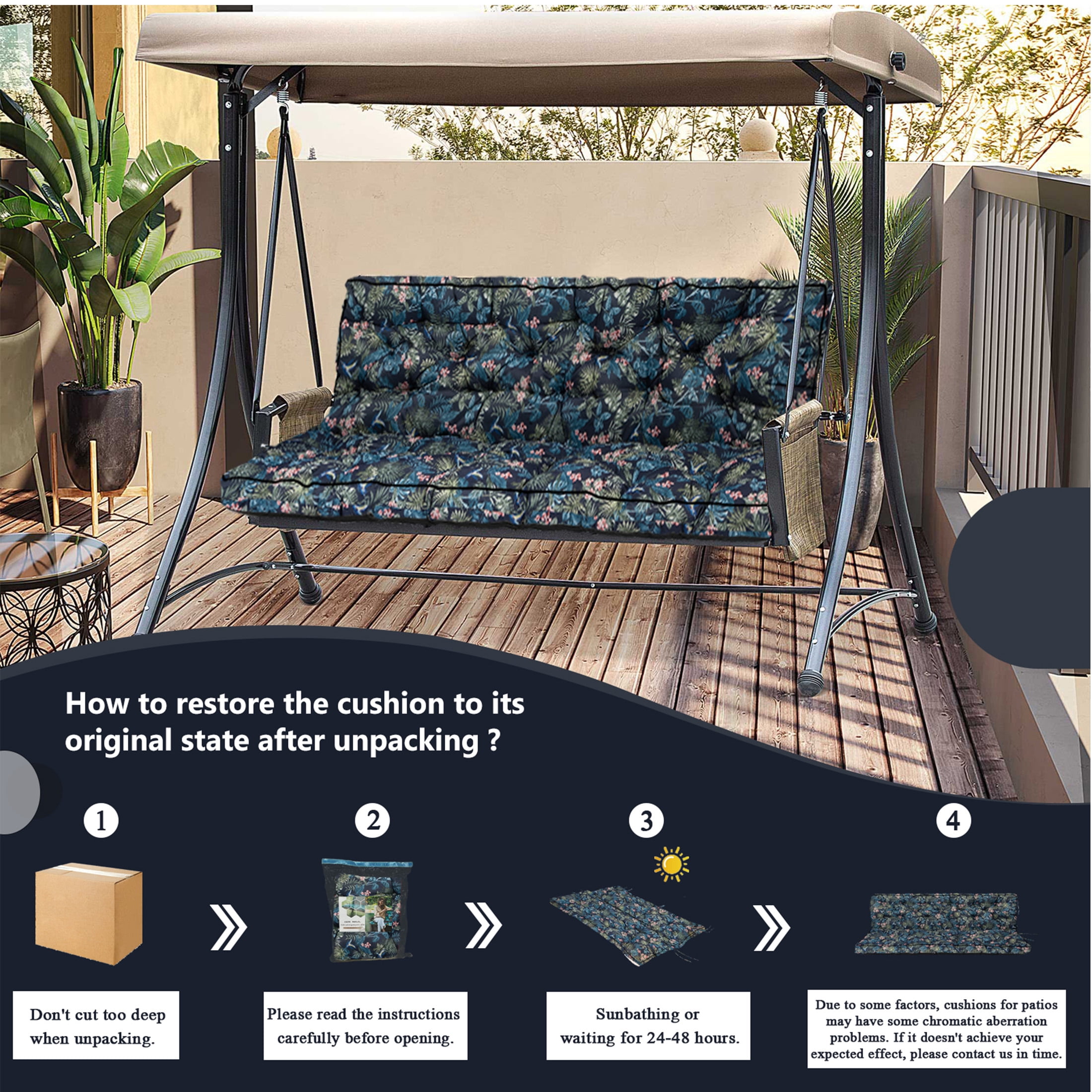 Porch Swing Cushion Thicken 4", 63" Swing Cushions 2-3 Seater Replacement, Waterproof Bench Cushions with Backrest, Anti-Fading Patio Swing Chair Pads for Outdoor Garden Furniture