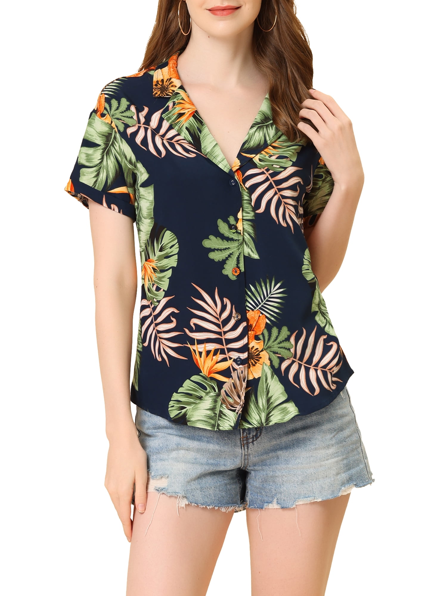 DARING DIVA Floral Leaves Print Short Sleeve Beach Top M Navy Blue