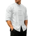 thumbnail image 2 of Men Mandarin Collar Frog Button Linen Button Up Shirt, 3/4 Sleeve Loose Casual Top with Pockets for Summer Vacation Daily Wear White 3XL, 2 of 9