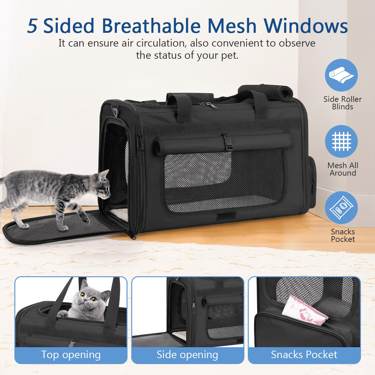 CshidWorld Collapsible Cat Carrier Pet Carrier for Large Cats (up to 25lbs), TSA Airline Approved Cats Carrier Soft Sided, Small Dog Travel Bag with a Bowl/Safety Leash-Black