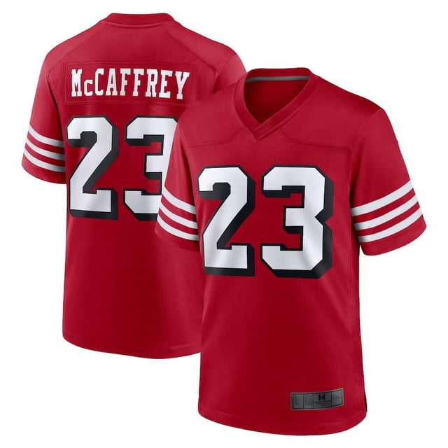 Men's San Francisco McCaffrey 23 Scarlet Stitched Alternate Game Player T-shirts, Small