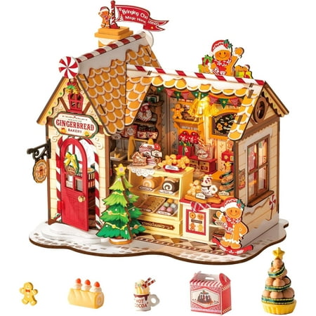 ROBOTIME Christmas Gingerbread House DIY Miniature House Kit,Mini Wooden Dollhouse Building Sets for Desk Decor,Tiny Home Craft Kits Gifts for Adults Teens