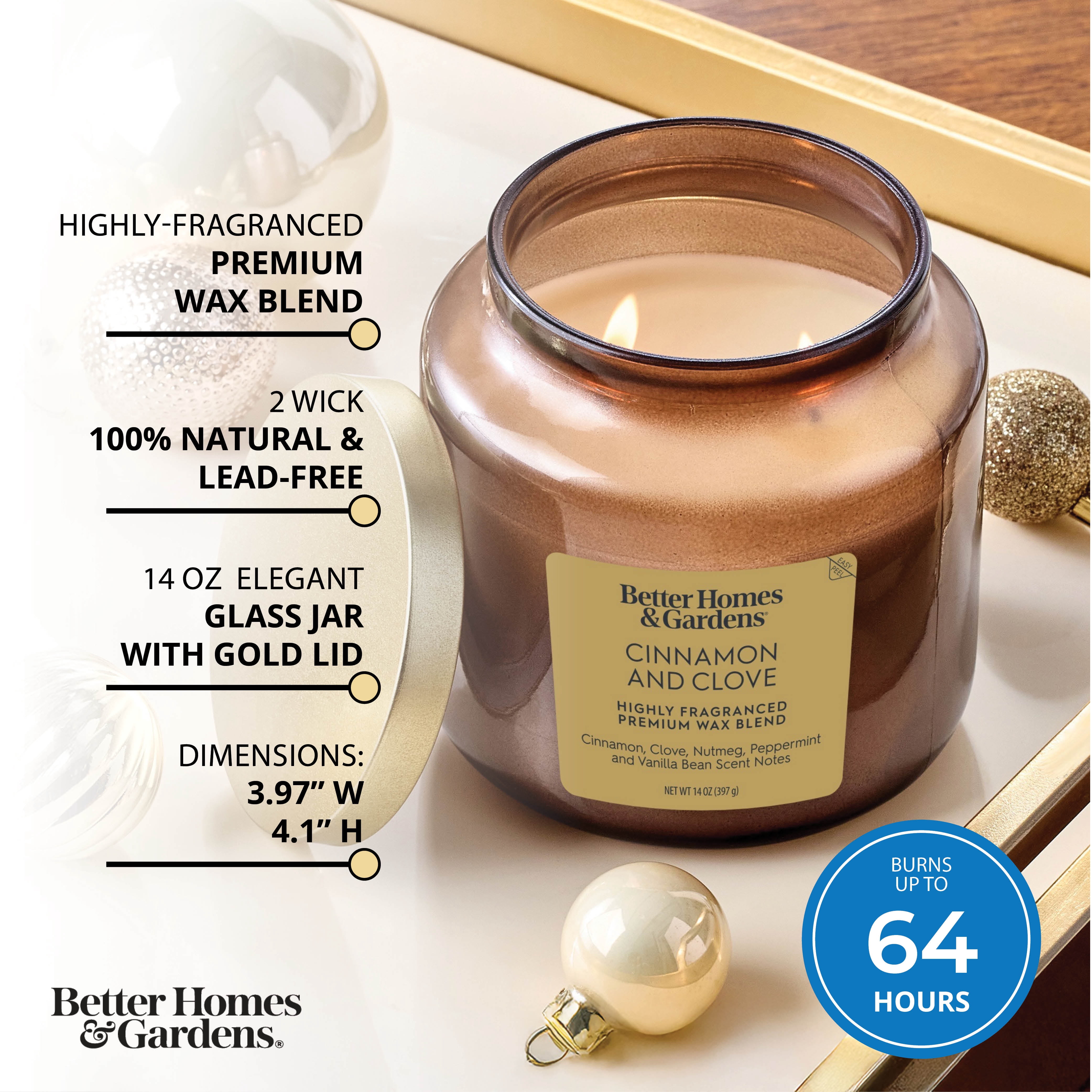 Better Homes & Gardens 2-Wick Bronze Glass Jar Candle with Gold Lid, Cinnamon & Clove, 14oz.
