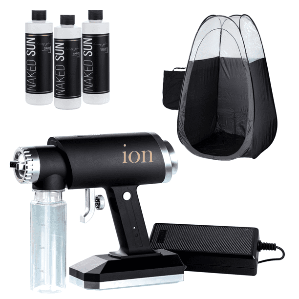 Naked Sun Ion Professional Spray Tan Machine with Honey Glow Sunless Solution and Black Tent