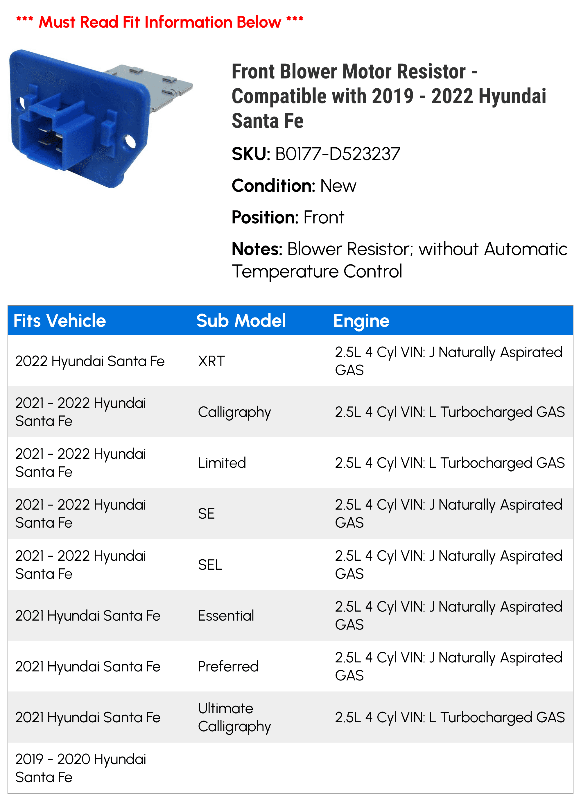Front Blower Motor Resistor - Compatible with 2019 - 2022 Hyundai Santa Fe 2020 2021