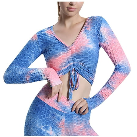 

KIJBLAE Rollbacks Women s Tie Dyed Long Sleeved Casual Sports Chest Deep V Drawstring Vest Top (No Bra Pad) Blue M