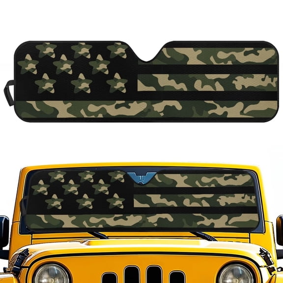 Psesaysky Windshield Sun Shade, American Flag Camo Sunshade Compatible with Car Off-road Vehicle Foldable Windshield Sun Visor Blocks UV Rays 52.95x16.14 inch