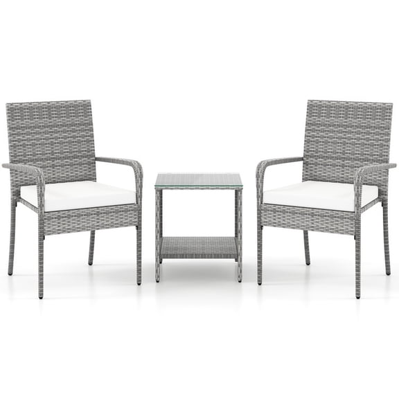Furnibear 3 Piece Patio Furniture Set with Tempered Glass Tabletop, Outdoor Wicker Conversation Set with 2 Cushioned Chairs and Side Table, White