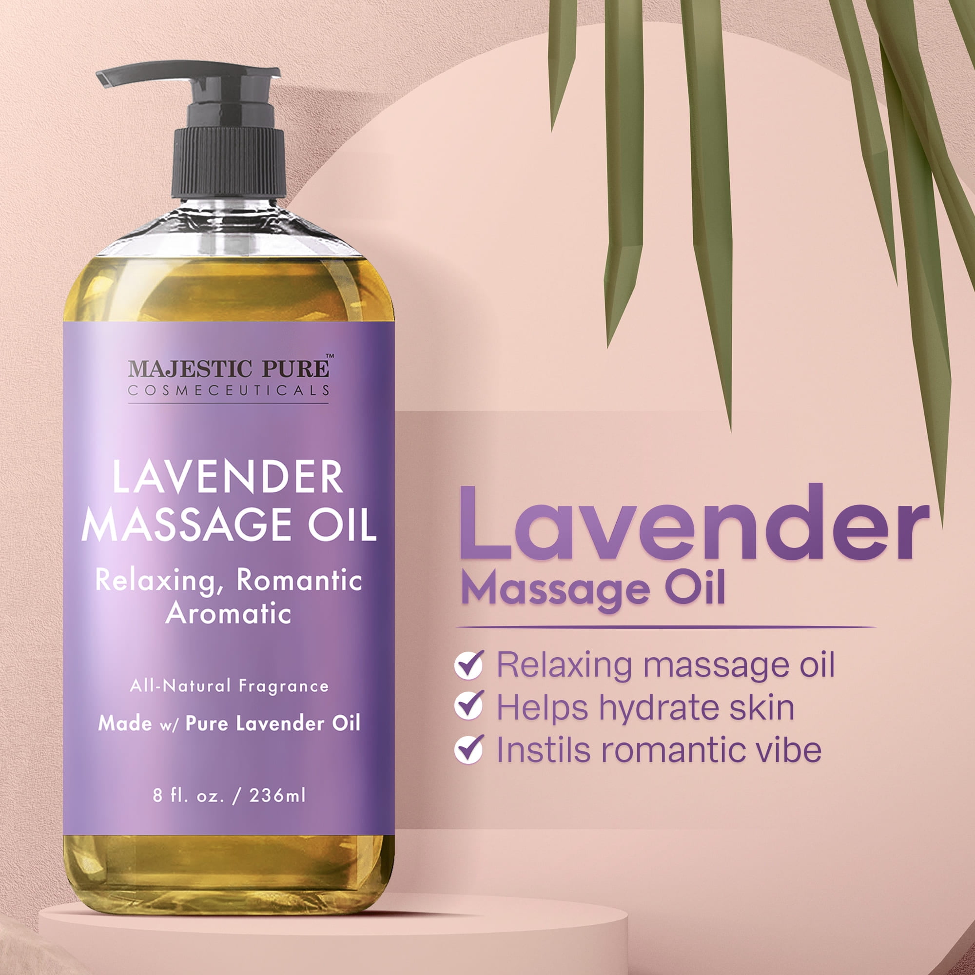 Majestic Pure Lavender Massage Oil for Men and Women - Great for Calming, Soothing and to Relax - Blend of Natural Oils for Premium Massaging and Aromatherapy - 8 fl oz.