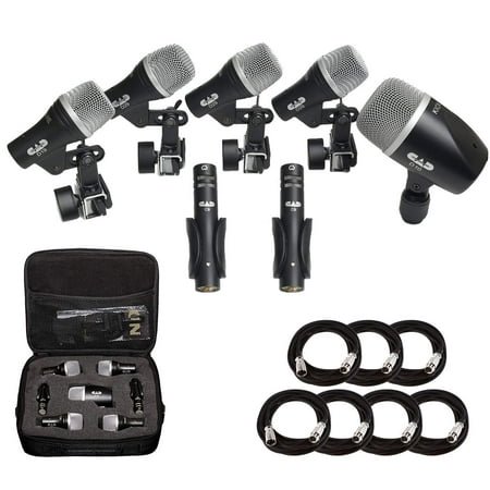 Cad Audio Stage7 Premium 7-Piece Drum Instrument Mic Pack with Vinyl Carrying Case + 7 On Stage Microphones Cables, 20 Feet, XLR
