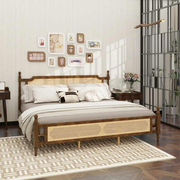 King Pine wooden Bed with Rattan Headboard and Footboard, with Central Enhanced Bed Platform,Walnut