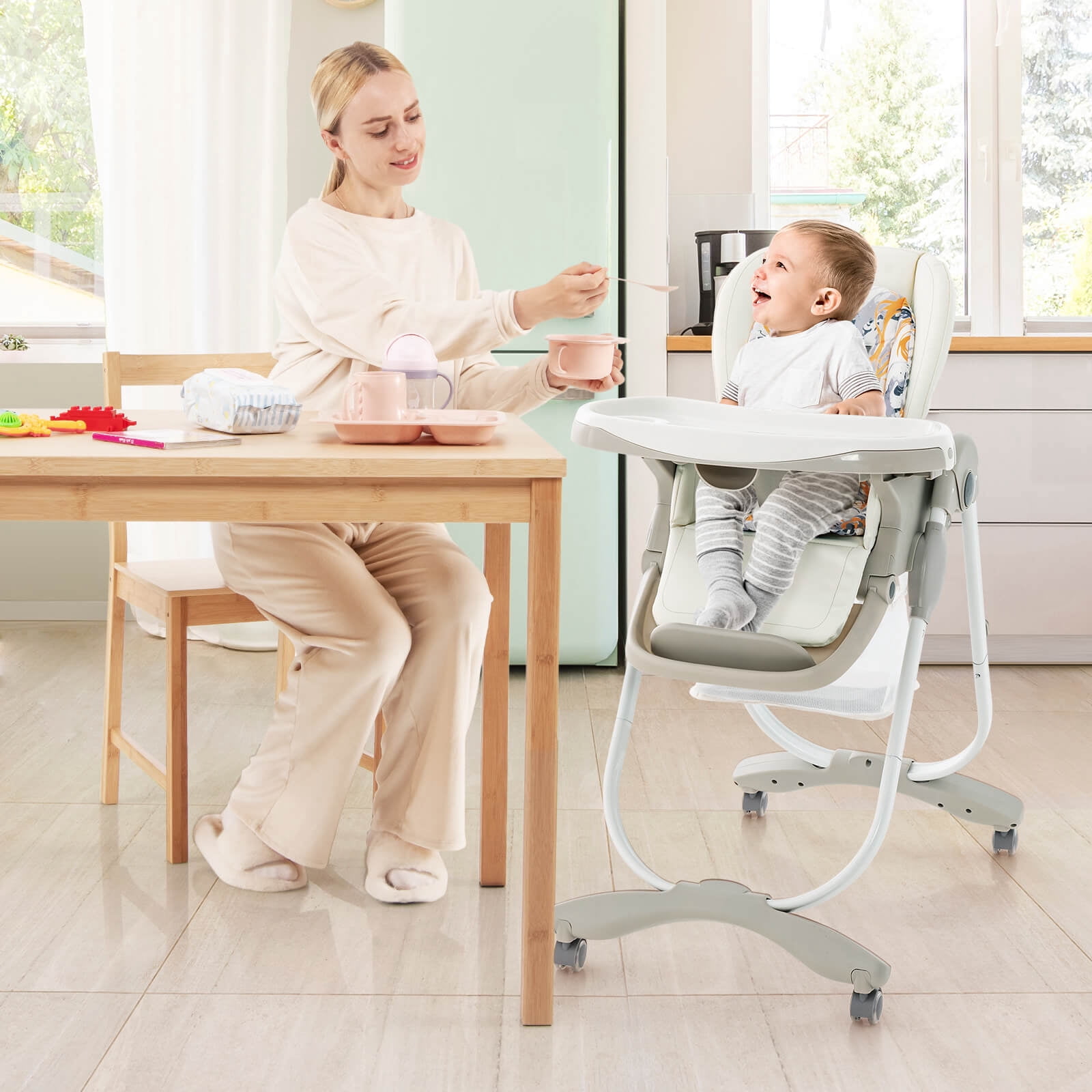 Infans High Chair for Babies & Toddlers w/ Rolling Wheels Adjustable Height Footrest