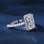 Eclet Jewels White Gold Over 14k Silver Diamond Ring - 2.1 Ct VVS1/D Radiant Cut Lab Created Simulated Diamond Ring - Halo Solitaire with Accent Engagement Ring - Forever Diamond Ring for Women's