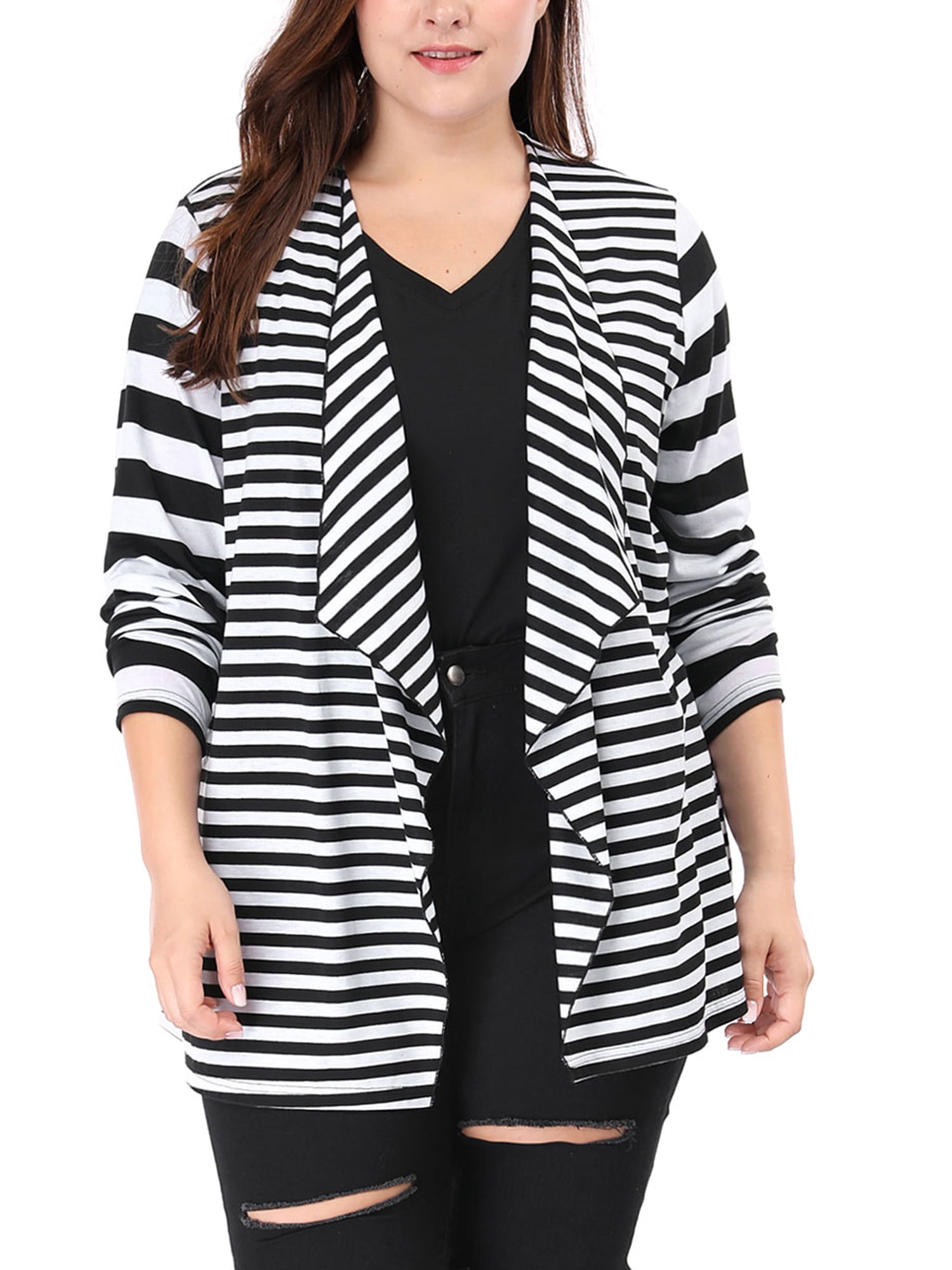 Unique Bargains Women's Plus Size Open Front Striped Mixed Cardigan 3X Black