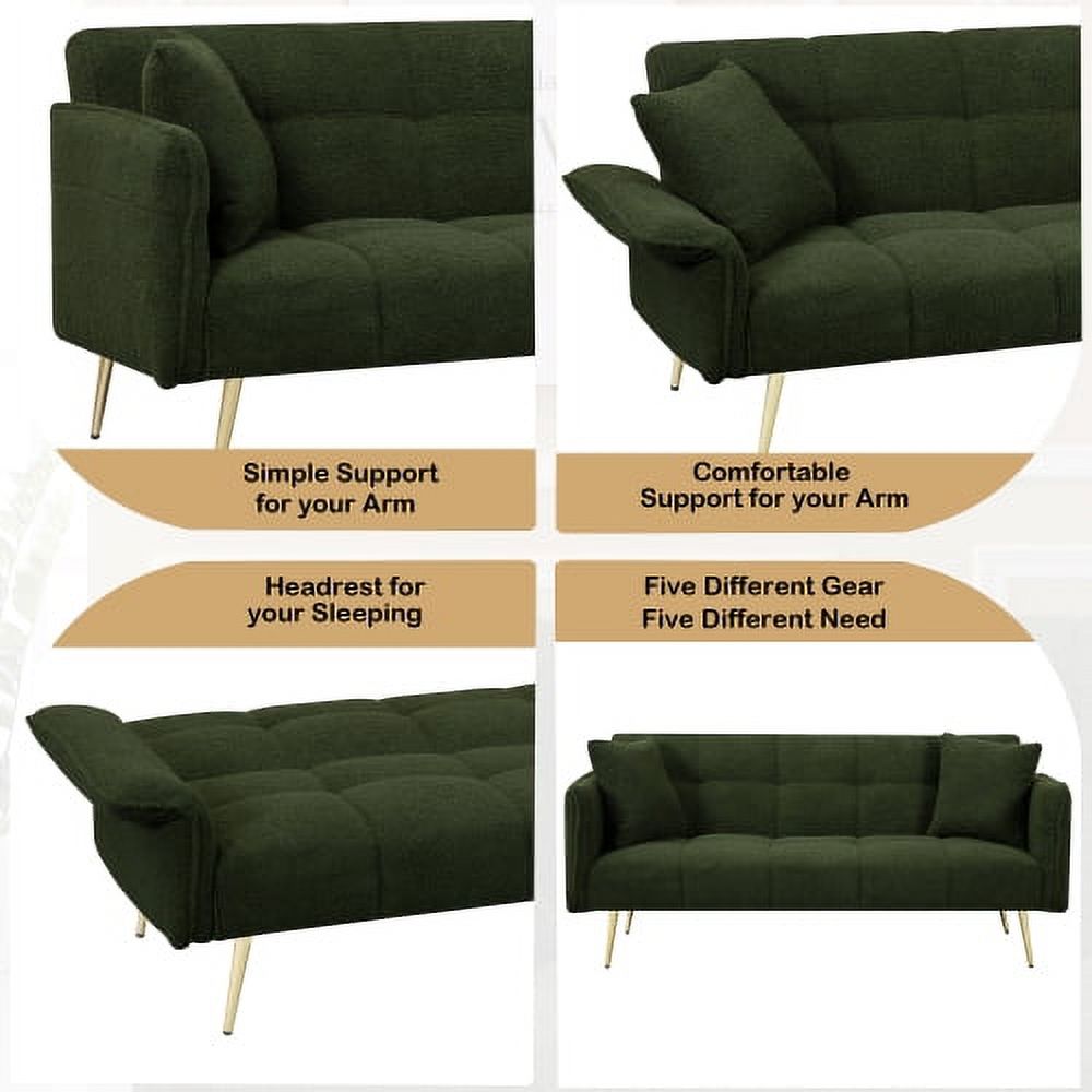 BSHTI 70.1 inch Futon Sofa Couch, Modern Convertible Double Sofa Bed with Folding Armrests for livingroom,Green