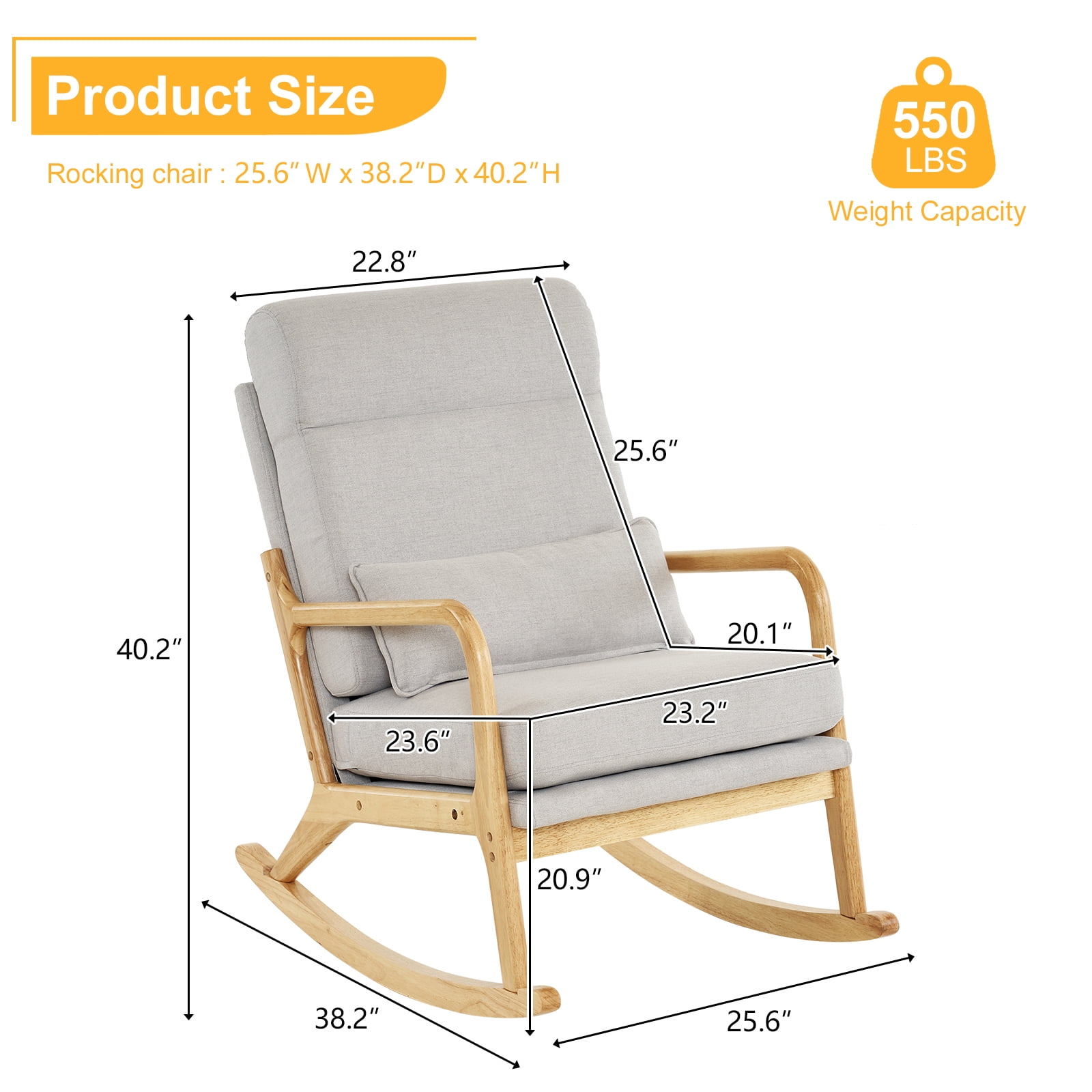 UWR-Nite Rocking Chair Nursery, 25.2" High Backrest Mid-Century Rocking Chair with Wooden Armrest Upholstered Glider Rocker with Free Lumbar Pillow for Living Room