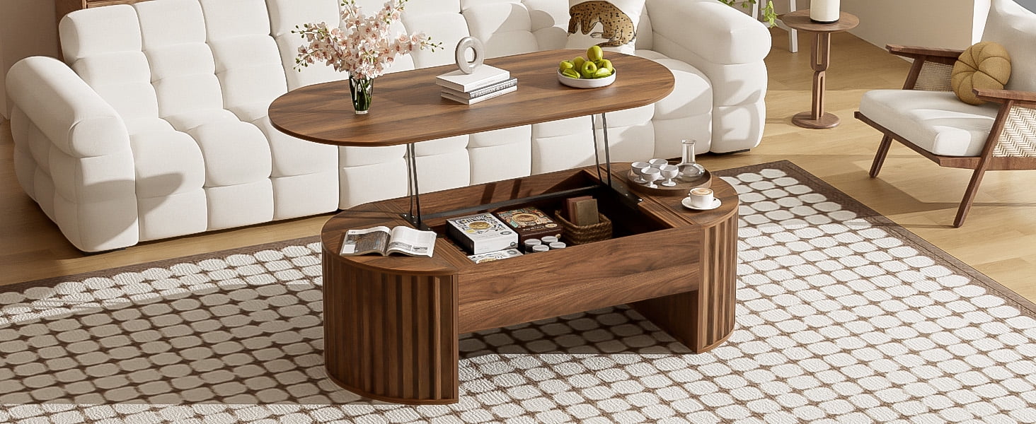 Euroco Lift-Top Coffee Table with Hidden Storage, Hydraulic Mechanism, Wavy Groove Design, Scratch-Resistant MDF Wood Finish