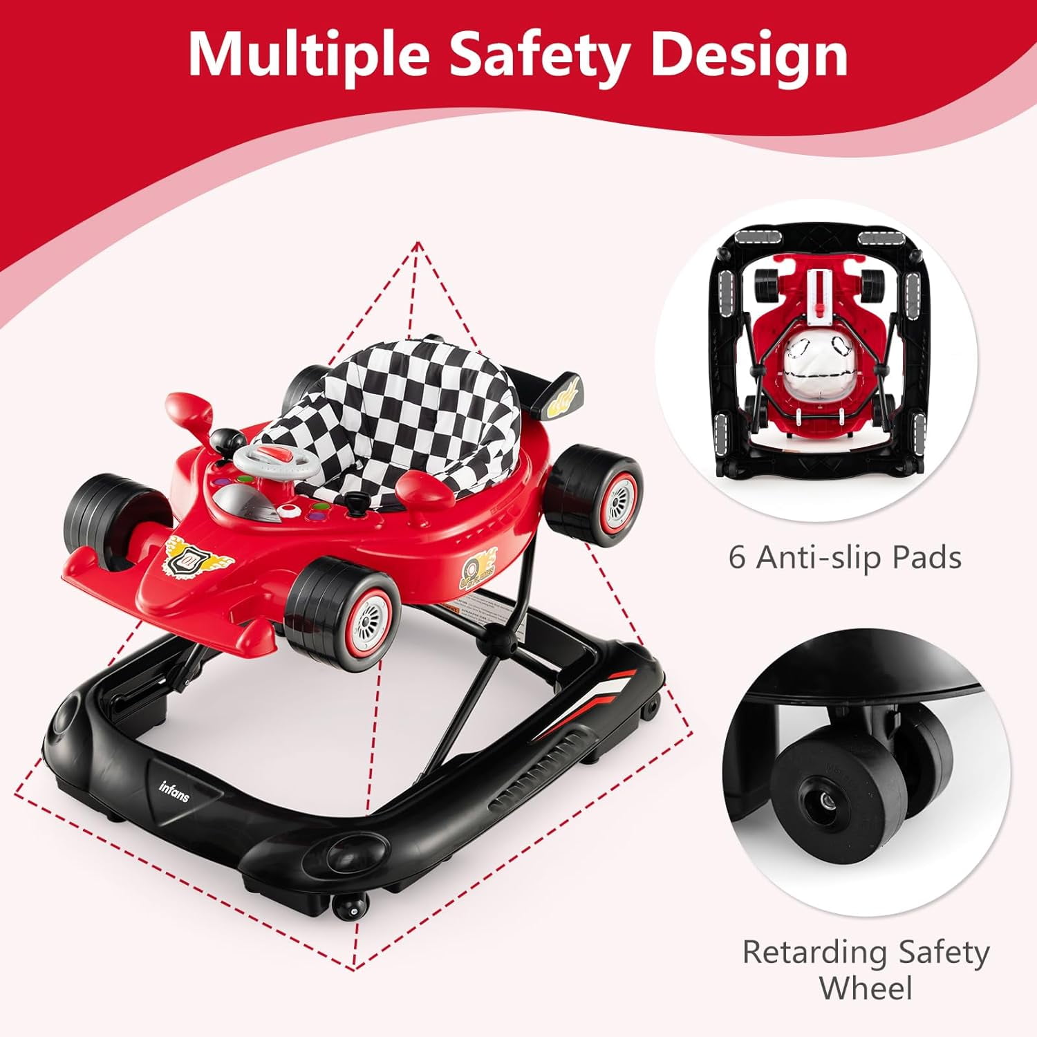 INFANS Foldable Baby Walker, Toddler Activity Center Leaning-Seated Walk-Behind with Steering Wheel, Adjustable Height, Lights, Music, Washable Seat Cushion (Red)