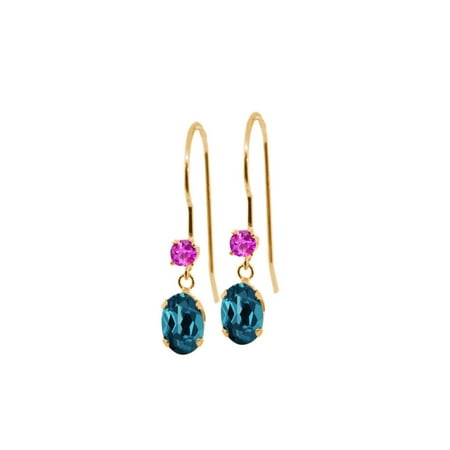 Blue Topaz 14k Gold Earrings - 1.26 Ct Oval London Blue Topaz Pink Sapphire 14K Yellow Gold Earrings