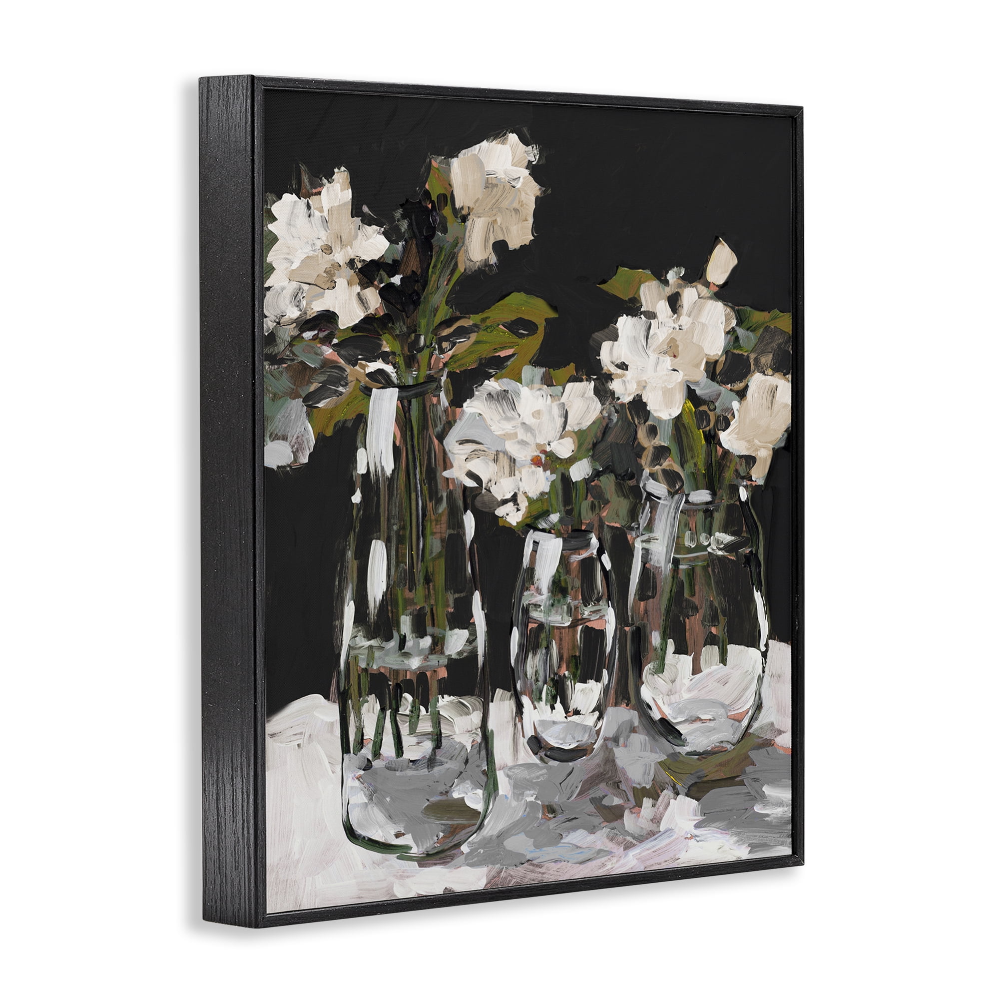 Stupell Industries Three Flower Vases on Black Black Framed Giclee Art, design by Jane Slivka