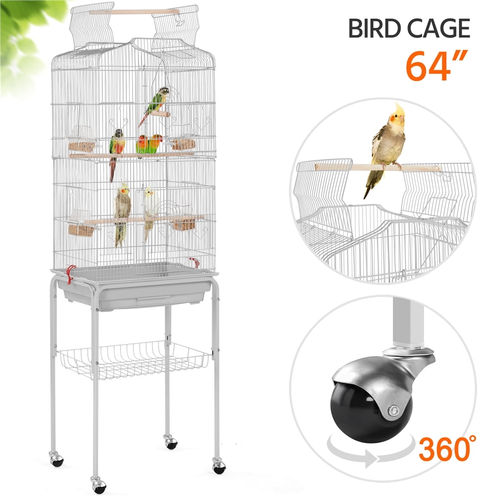Alden Design 64" Large Rolling Metal Bird Cage with Open Top, Light Gray