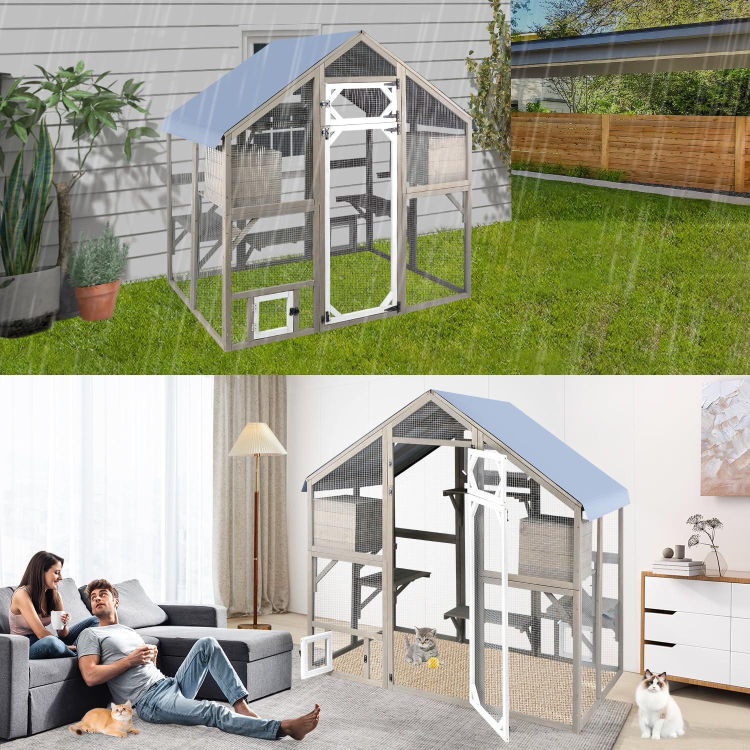 Large Outdoor Catio Cat Enclosure, Walk-in Wooden Cat House with Waterproof Cover, Multi-Level Play Platforms & Sleeping Houses, Grey