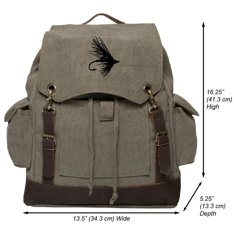 Fly Fishing Lure Hook Canvas Rucksack Backpack with Leather Straps, Olive &  Bk 