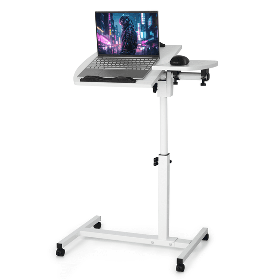 BEZT Standing Desk,Tilting,Portable Height Adjustable Sit Stand Work Table Overbed Laptop Table Computer Cart with Wheels for Bed Couch Office, White