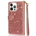 thumbnail image 7 of DeCase Fashionable for iPhone 15 Wallet Case, Glitter Bling Sparkle Leather Folio, Zipper Pocket, Magnet Clasp, 3 Card Holders, Strap & Stand for iPhone 15, Rosegold, 7 of 7
