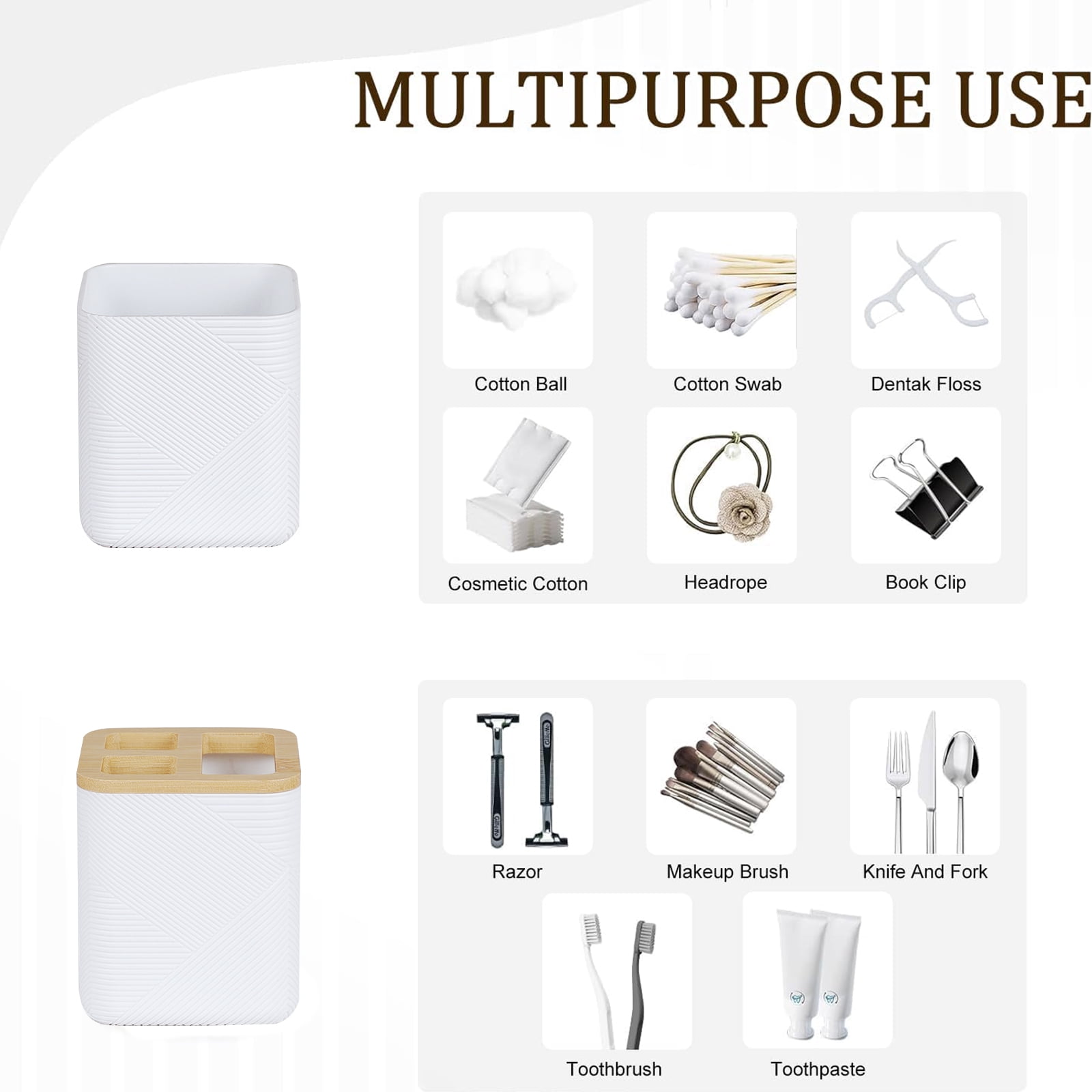 CERBIOR Bathroom Accessories Set 6 Piece Bamboo Bath Ensemble Includes Soap Dispenser, Toothbrush Holder, Toothbrush Cup, Soap Dish for Decorative Countertop and Housewarming Gift, White