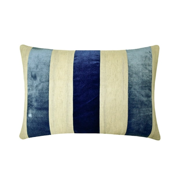The HomeCentric Decorative Blue Pack of 2, 12"x18" (30x45 cm) Lumbar Pillow Cover, Linen & Velvet Color Blocking & Patchwork Oblong Pillow, Striped Pattern Modern Style - Swathe Blue