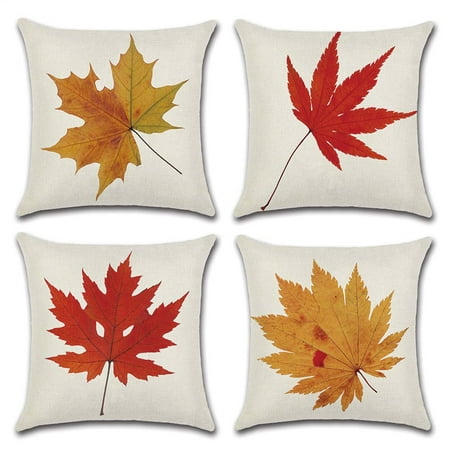 18 Inch Leaf - Popeven Pillow Cases Decorative Cotton Linen Set of 4 Throw Pillow Cushion Covers 18 x 18 inch for Sofa, Bench, Bed, Auto Seat (Maple Leaf Patter