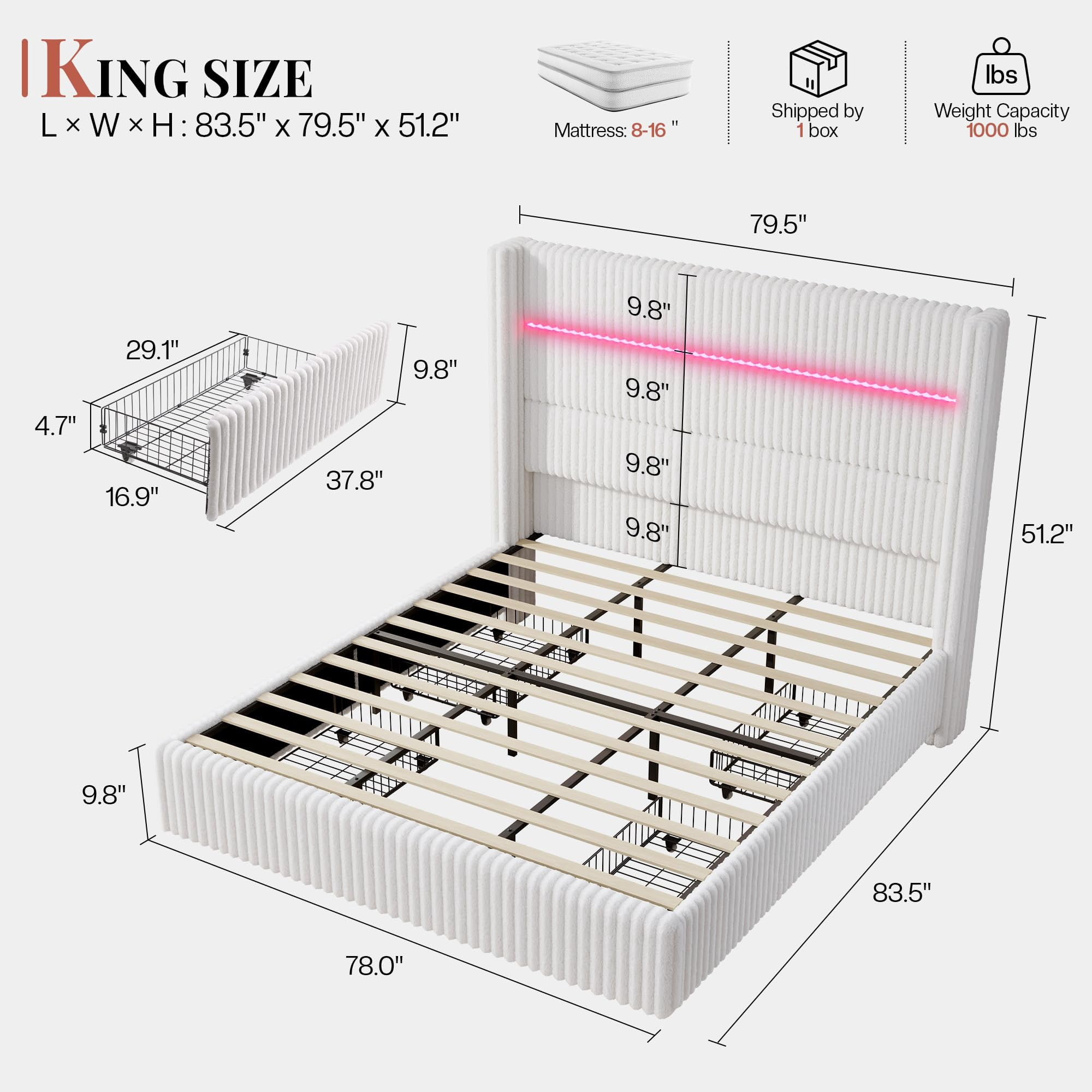 VanAcc 51.2" H King Size LED Bed Frame, Corduroy Upholstered Platform Bed with 4 Storage Drawers & Charging Station Wingback Headboard, White