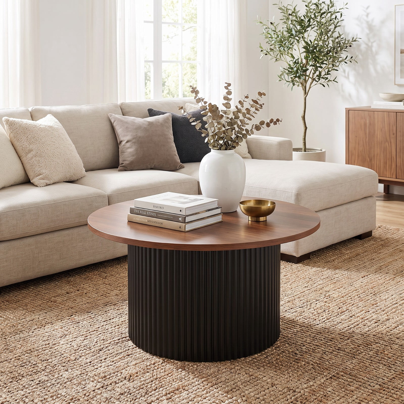Furnibear Round Coffee Table with Solid Wood Frame and Wooden Top for Living Room and Reception Room 32 Inch Center Table, Walnut