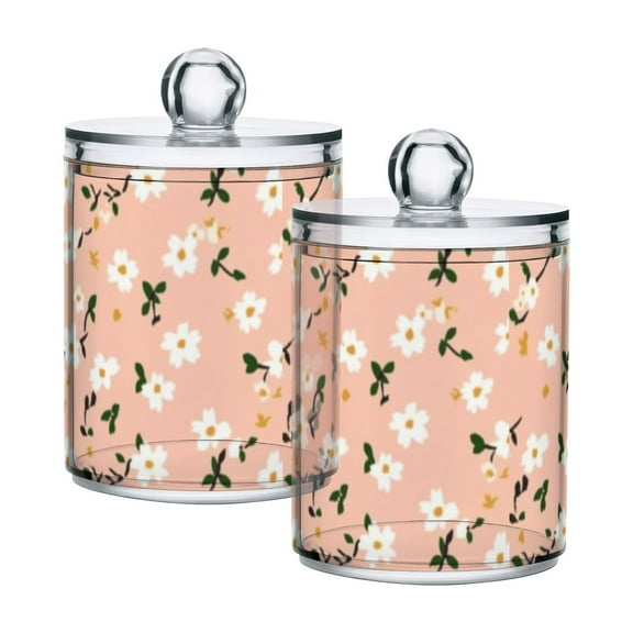 Dainty Pink Floral Cotton Swabs Cans Translucent Plastic Canisters Dustproof Lid for Bathroom Storage