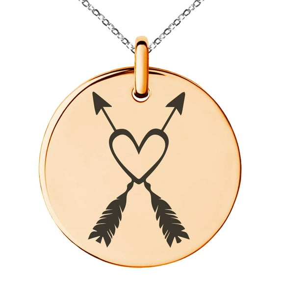 Stainless Steel Heart + Arrows Engraved Small Medallion Circle Charm Pendant Necklace