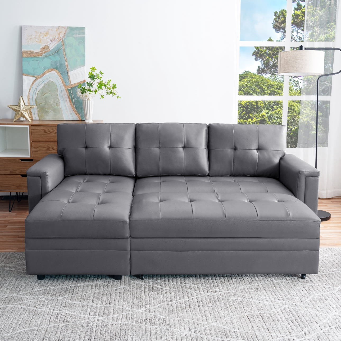 Naomi Home Lily Sectional Sleeper Sofa with USB ports-L-Shaped Couch Convertible faux leather sectional Pull-Out Bed, Ample Storage, Long-Lasting for Modern Living, Gray, Air Leather
