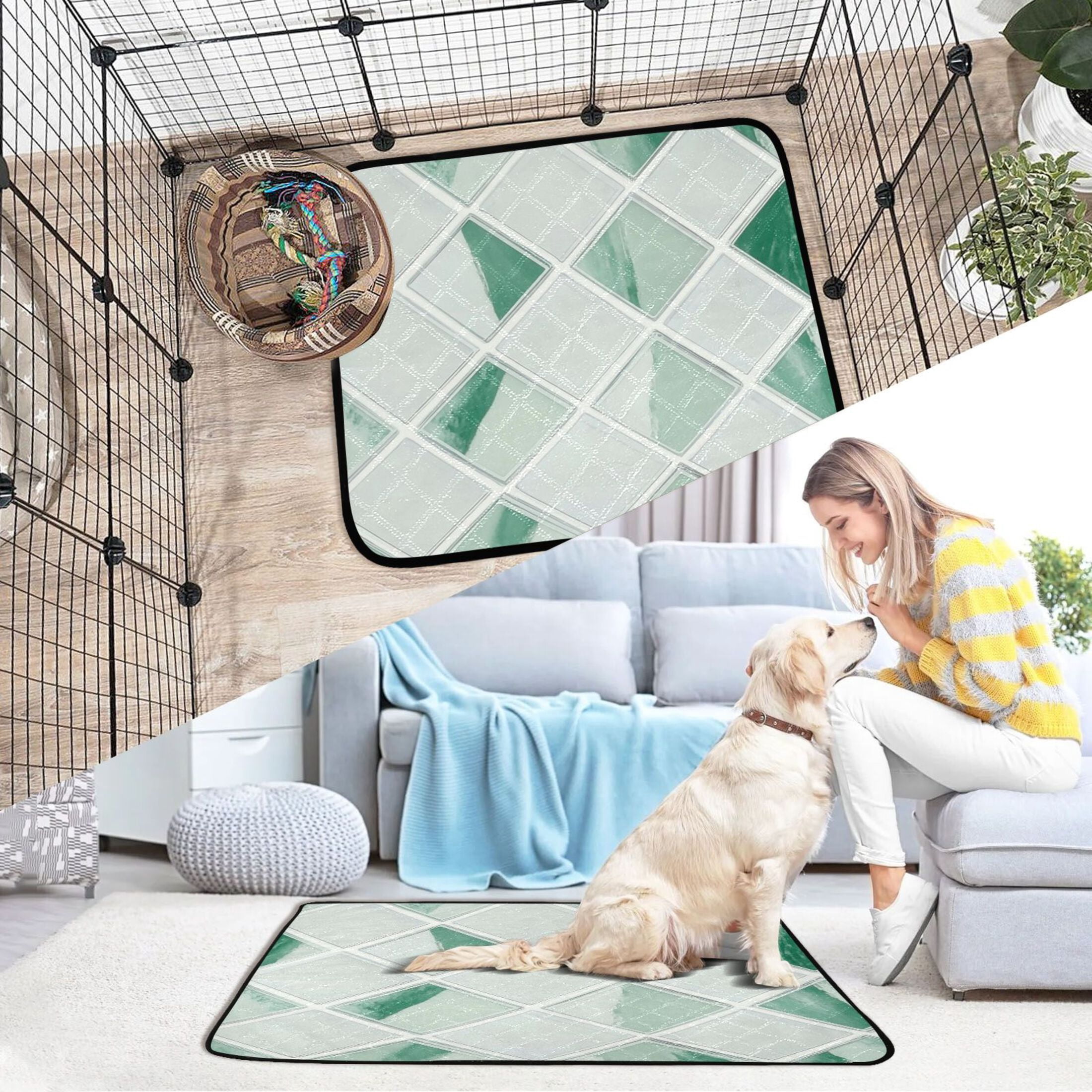 Washable Pet Pee Pads with Super Absorbent Reusable Training Pads for Dogs & Cats White and Green Pattern