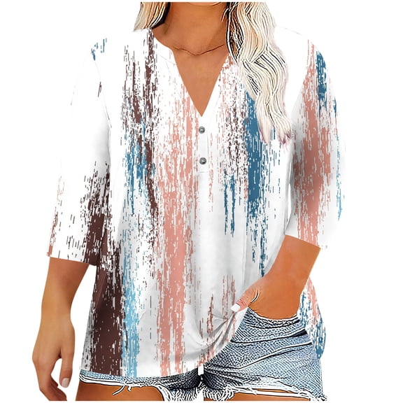 Vynhevius Women's Plus Size 3/4 Sleeve Tops Crew Neck Printed Casual Loose Fit Summer Blouses Shirts Pullover
