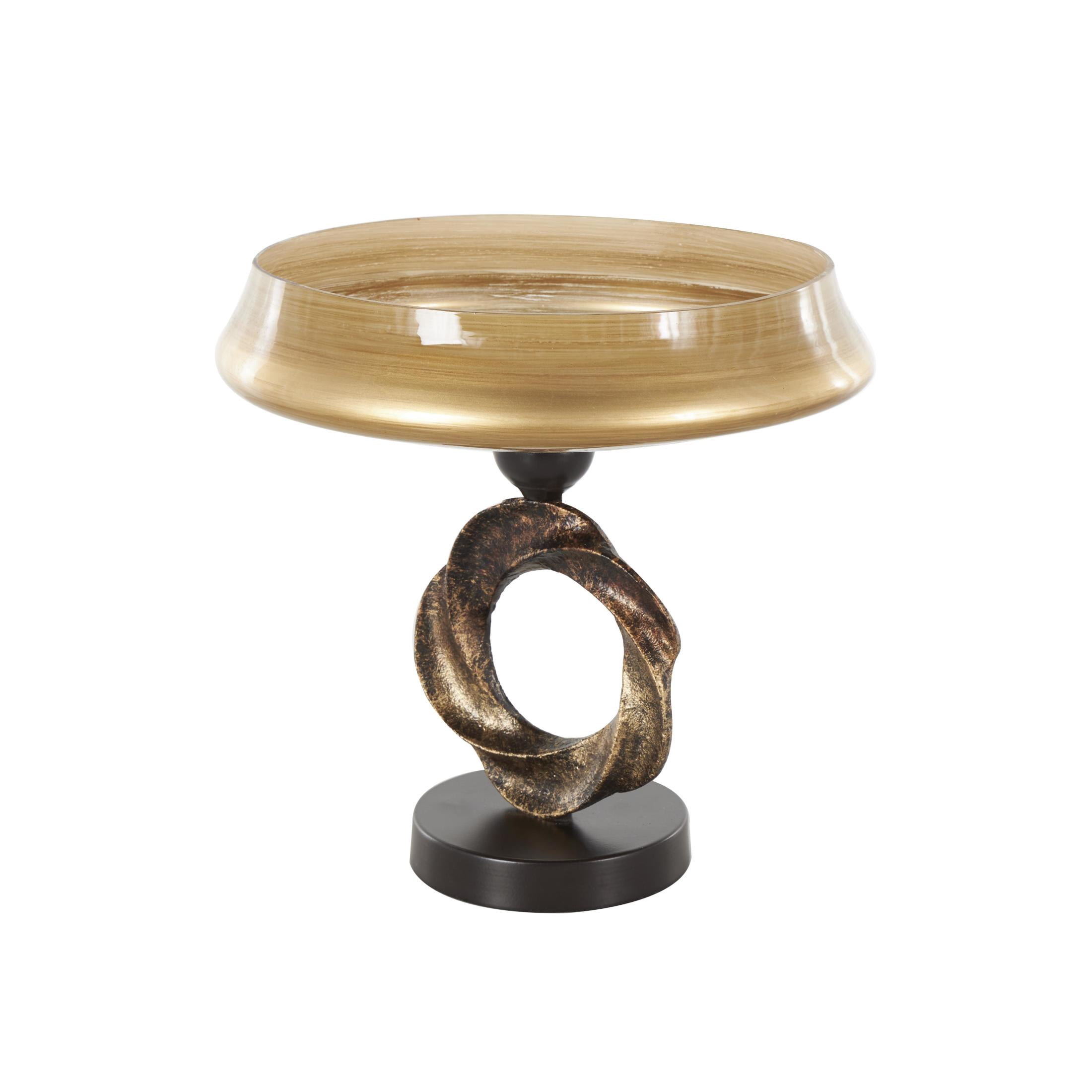 DecMode 12" Round Wide Brushed Brown Glass Decorative Bowl with Textured Bronze and Black Ring Base