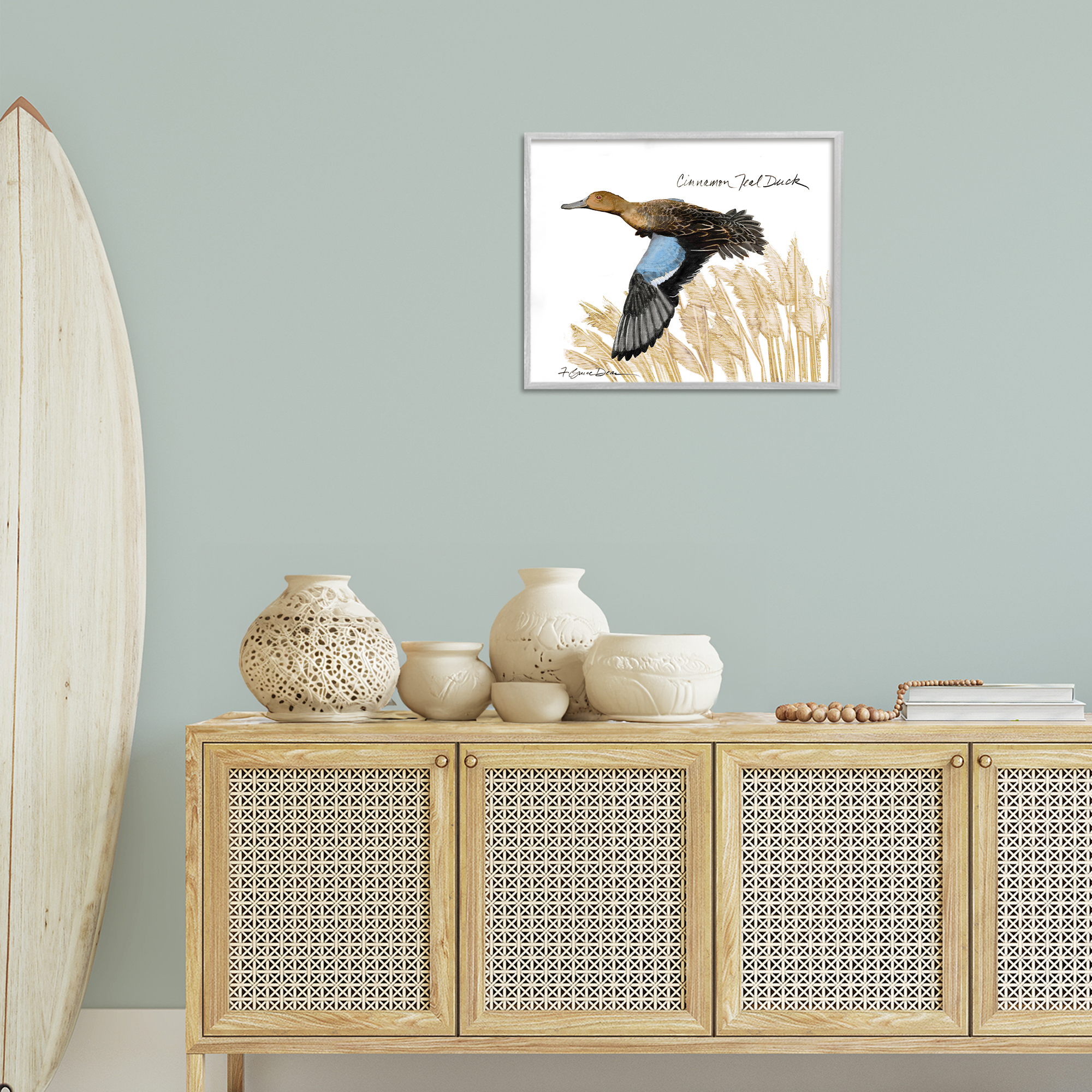 Stupell Industries Cinnamon Teal Duck Flying Animals & Insects Painting Gray Framed Art Print Wall Art, 20 x 16