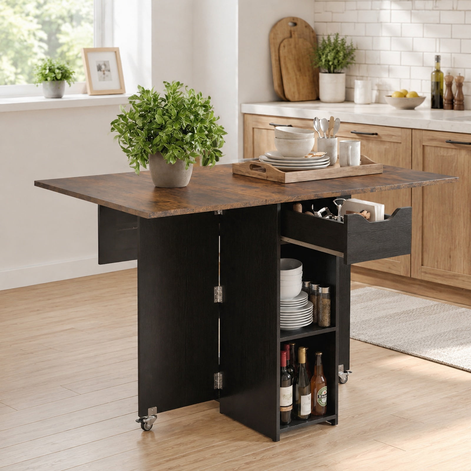 Furnibear 47.5 Inch Farmhouse Extendable Drop Leaf Dining Table with Drawer Two Shelves and Lockable Wheels for Kitchen, Rustic Brown