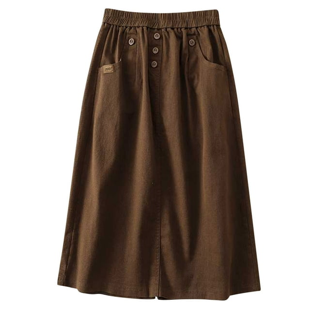 AherBiu Linen Skirts for Women A-Line High Waisted Ruched Loose Button Summer Casual Loose Long Skirt