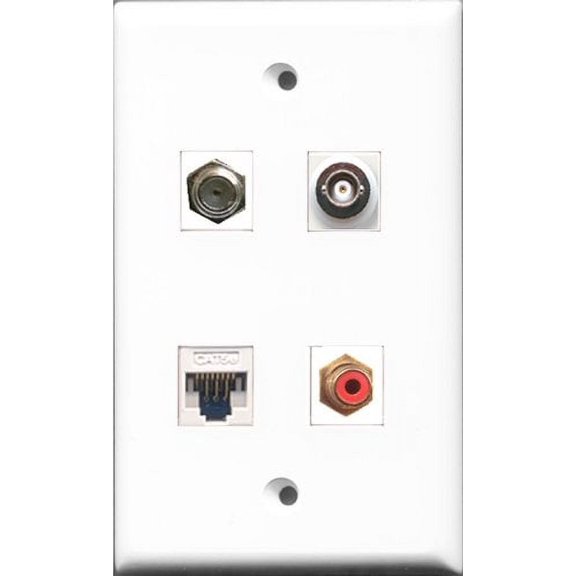 RiteAV 1 Port RCA Red and 1 Port Coax Cable TV- F-Type and 1 Port BNC and 1 Port Cat5e Ethernet White Wall Plate