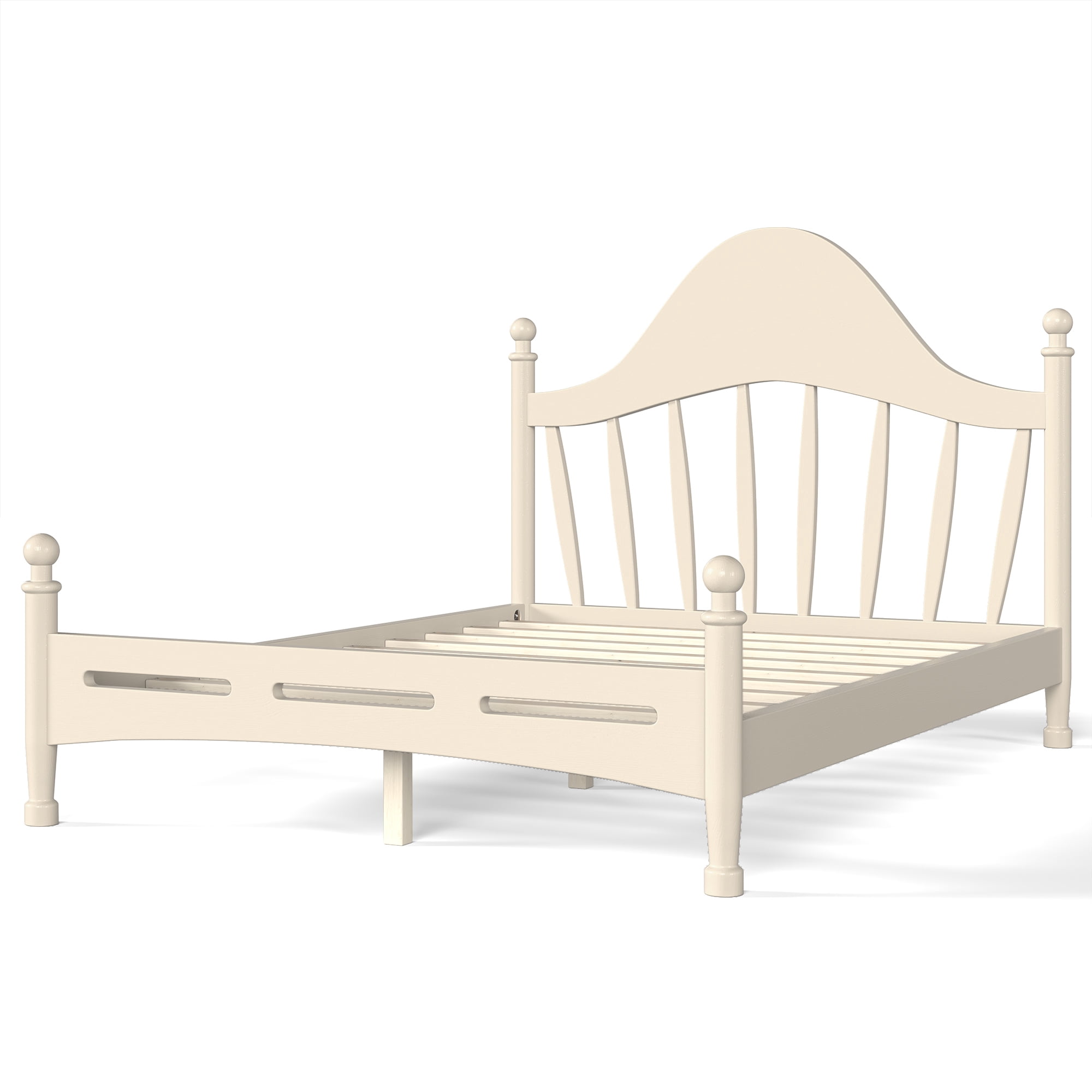 Leumius Full Size Platform Bed with Chic Headboard, Solid Wood Bed Frame with Slatted Support, Low to Ground Design for Bedroom Beige