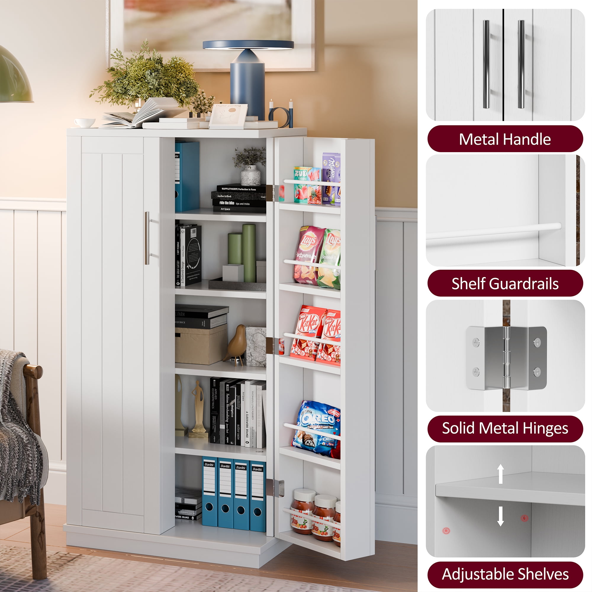 Walsunny Pantry Food Storage Cabinet 47" Free Standing Craft Cupboard with Doors Adjustable Shelves for Kitchen Entryway Dining Room Bathroom White